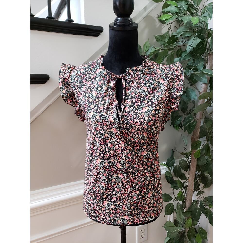 BB Dakota Top Blouse Women Size XXL Black Floral Ruffle Casual Sleeveless V-Neck